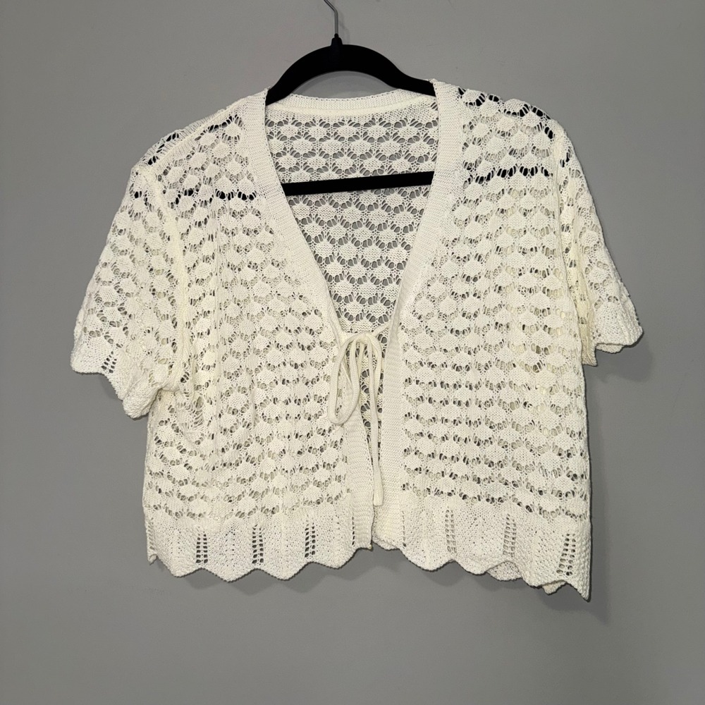 Cream Crochet Short Sleeve Tie Front Cardigan Scalloped Open Knit Shrug Ivory